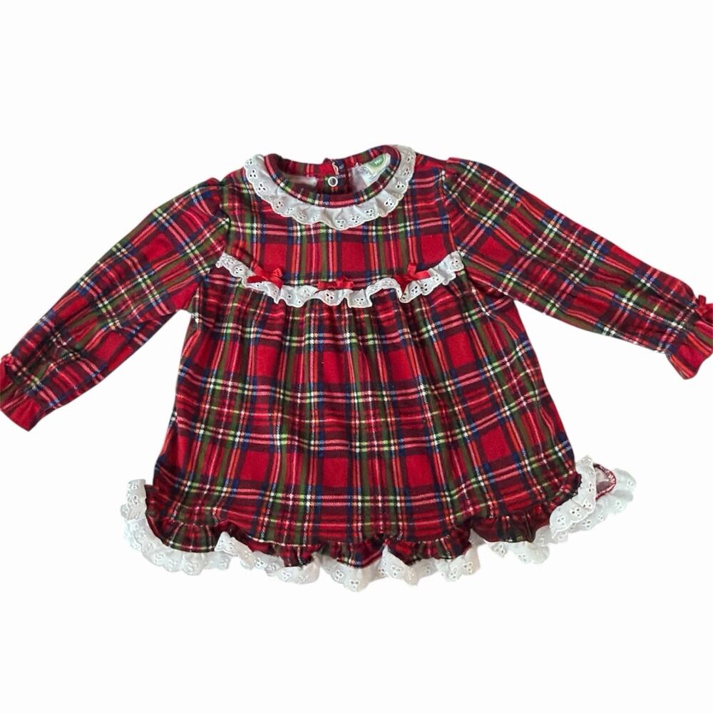 2000s Little Me Christmas Plaid Long Sleeve Dress Ruffles And Bows 18M